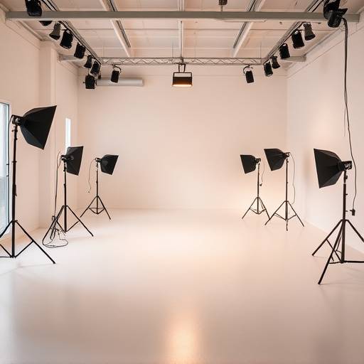 A bright and spacious studio interior with professional lighting equipment.