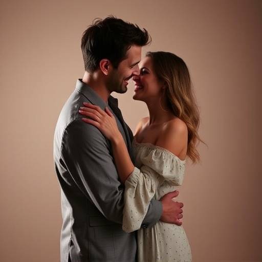 A couple laughing and embracing in a romantic, softly lit studio setting.