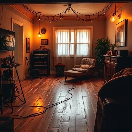 A cozy, intimate studio with warm lighting and rustic wooden floors.