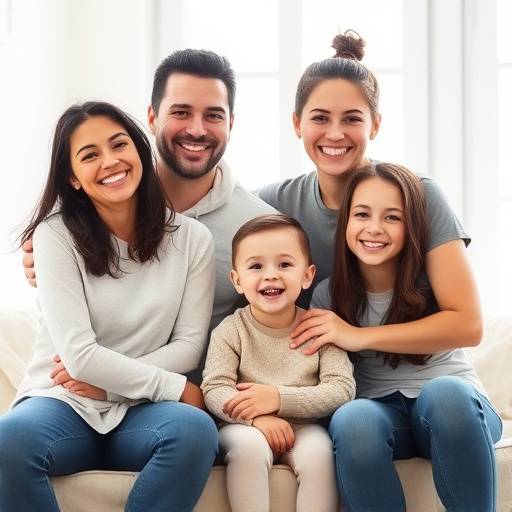 A family smiling warmly, captured in a lifestyle portrait session within a bright, airy studio space.