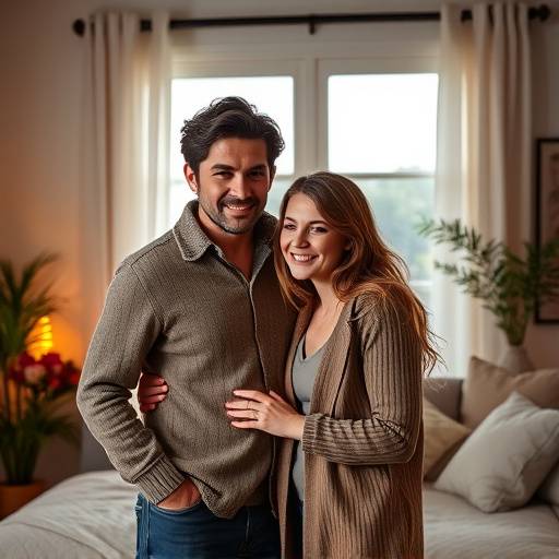 A lifestyle photo of a couple in a cozy, warmly lit studio.