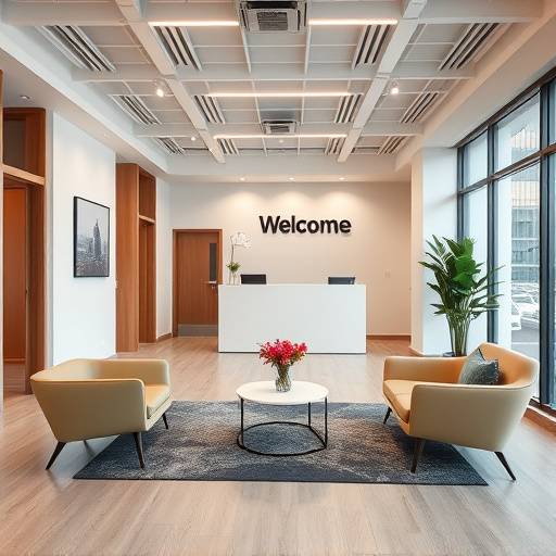 A modern studio reception area with comfortable seating and a welcome desk.