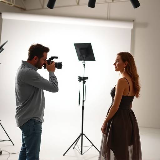 A photographer directing a model in a modern studio setting with soft lighting.