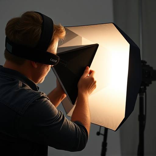 A professional lighting technician adjusting a large softbox.