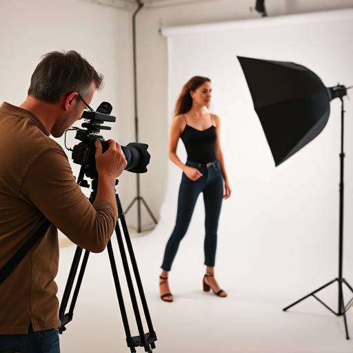 A professional photographer directing a model during a studio photoshoot.