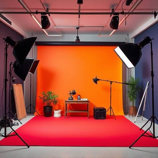 A versatile studio space set up with various colored backdrops and props.
