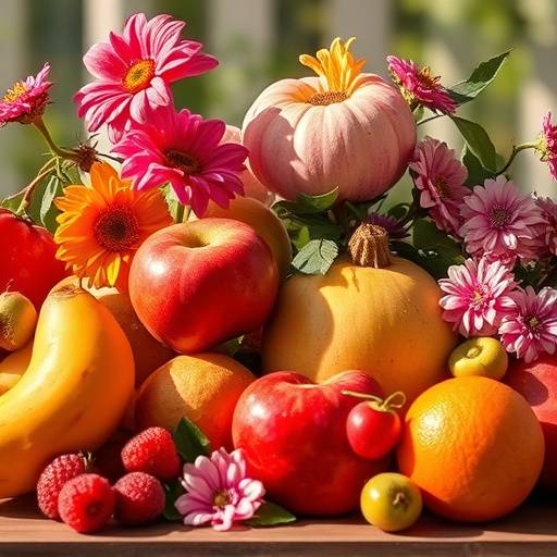 A vibrant still life composition of fruits and flowers, bathed in natural light.