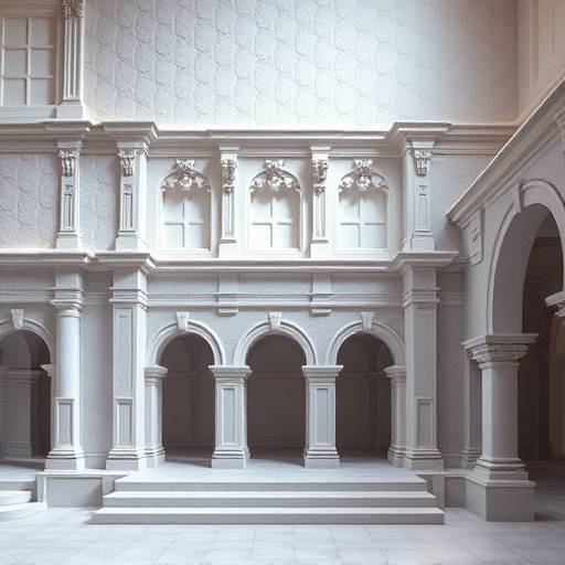 Architectural detail shot of a custom-built studio set with unique textures and lighting effects.