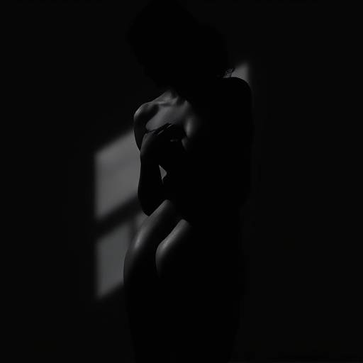 Artistic nude study with dramatic chiaroscuro lighting, highlighting form and shadow.