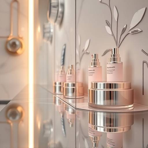 Cosmetic product advertisement setup with reflective surfaces and sophisticated lighting.
