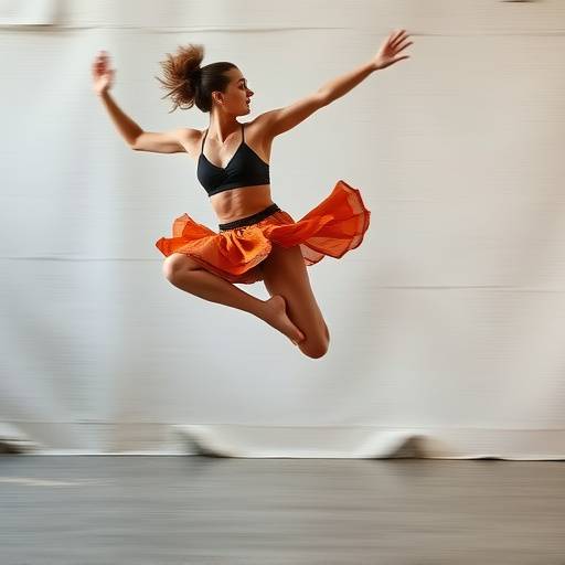 Dynamic action shot of a dancer mid-leap, captured with sharp focus and controlled motion blur.