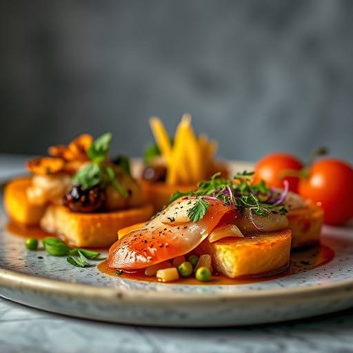 Food photography of a gourmet dish, presented appealingly with diffused lighting.