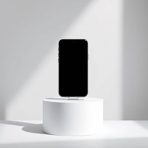 Product photography setup showcasing a sleek, modern smartphone on a minimalist pedestal with studio lighting.